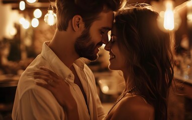 Beautiful young couple in cafe at night, closeup. Romantic date