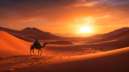 Fototapeta na wymiar Camel walks in the arabian desert in sunset