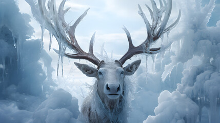 Face of Majestic reindeer, antlers crowned with ice crystals, grazing on frozen tundra