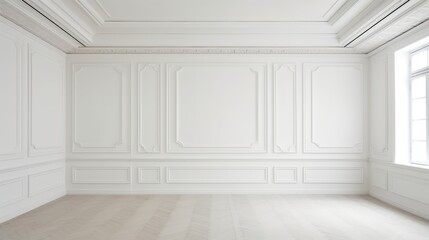 Minimalist white empty rooms with ceilings on the floor, a surreal representation of space and perception