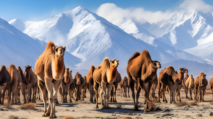 Herd of double hump camels in Nubra valley, ladakh - obrazy, fototapety, plakaty