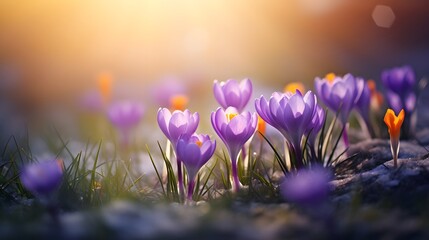 Crocuses are blooming, close up. Beautiful spring background, copy space.