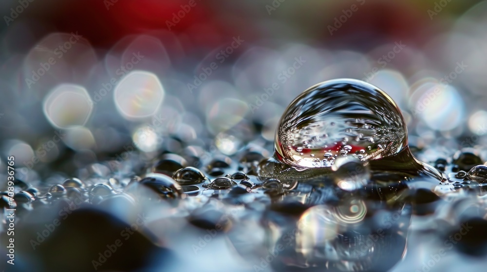 Wall mural a close up of a drop of water on a surface of water with a red dot in the middle of the drop and a r