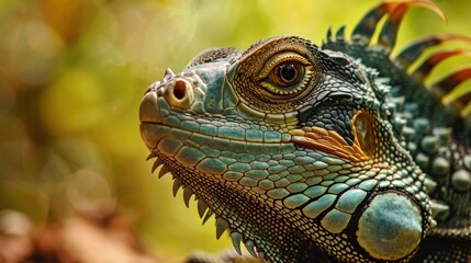 Fototapeta premium a close up of a green iguana on a branch with blurry leaves in the background and a blurry image of a tree in the foreground.