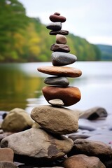 Fototapeta na wymiar Balanced pile of stones on a riverbank rock, a serene and harmonious natural arrangement