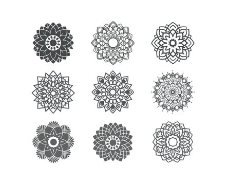 free vector round shape mandala patterns set. Flowers, geometric shapes, zigzag lines, waves. Tribal isolated mandalas 