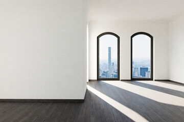 frontal view on empty luxurious loft apartment with floor-to-ceiling windows and panoramic view; modern minimalistic interior design; bright daylight; 3D rendering