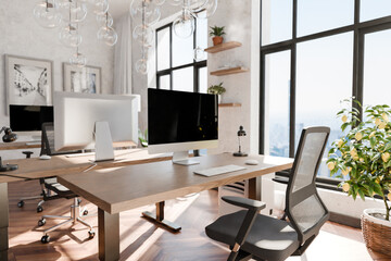 luxurious loft apartment with floor-to-ceiling windows and panoramic view; modern minimalistic interior design of workspace home office area; bright daylight; 3D rendering