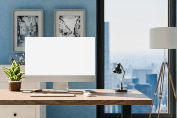 frontal view on modern clean pc workplace; white monitor with copy space; minimalist office background with panoramic view on big city skyline; digital home office concept; 3D rendering