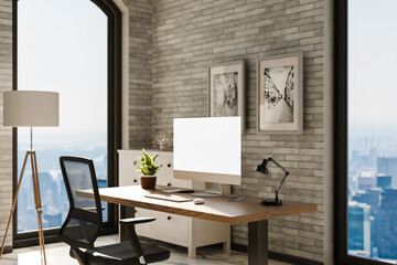 view from angle on modern clean pc workplace; white monitor with copy space; minimalist office background with panoramic view on big city skyline; digital home office concept; 3D rendering