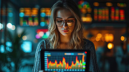 Young woman working at modern office.Technical price graph and indicator, red and green candlestick chart and stock trading computer screen background. 