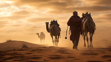 Man leading camels caravan in the desert