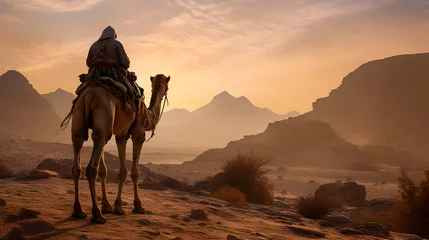 Fotobehang Man rides camel in jordon © Trendy Graphics