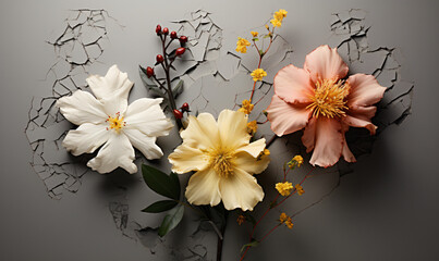 Three kinds of flowers are displayed in a bouquet, in the style of sparse backgrounds, high resolution, photo-realistic hyperbole, kintsugi, colorized, soft-edged

