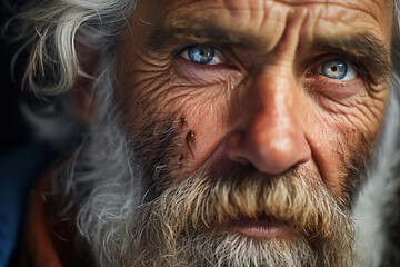 A close-up portrait of a content elderly man, his face adorned with a white beard, and his eyes reflecting the peaceful satisfaction derived from a lifetime.