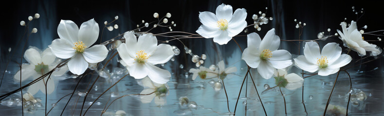White blossoms are seen on a pristine white surface with mirrors, in the style of photographic,...