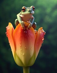 Adorable little frog perched on a vibrant tulip flower, a whimsical and enchanting nature scene