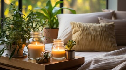 A peaceful bedroom with live plants, a yoga mat and supplements on the bedside table