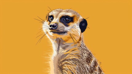Fototapeta premium a close up of a meerkat on a yellow background with a black spot on it's left eye and a black spot on the right side of the meerkat.