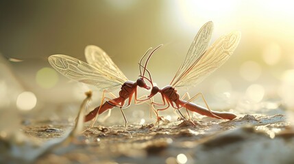  a couple of red ants standing next to each other on top of a sandy ground with sunlight shining through the back of the two of the two of the two.