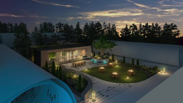 Restaurant with outdoor dining in evening lighting (cloud panorama in the background) - loopable 3D Visualization