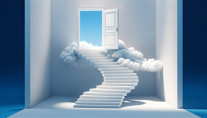 Stairway to the sky, white steps leading to open door, Inspiration Concept Art, Generative AI