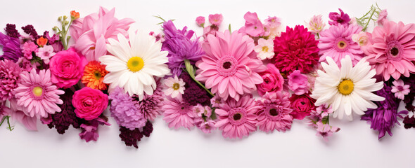Bunch of flowers arranged into a border, in the style of colorful composition, colorized, pink and magenta, iso 200, lightbox, colorful still-lifes, white background


