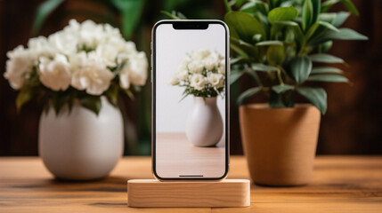 Phone with blank screen on wooden table .