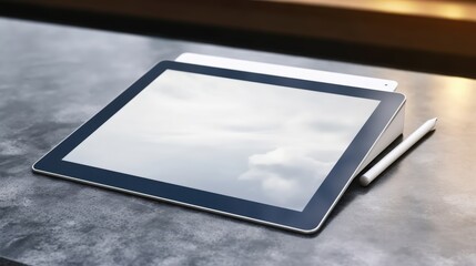 Minimalist 3D mockup of a tablet with a sleek white display on a modern table, perfect for showcasing digital designs