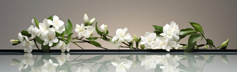 An image of white flowers with green leaves on a mirror, in the style of minimal retouching, lively tableaus, wimmelbilder, light gray, photo taken with provia, high resolution

