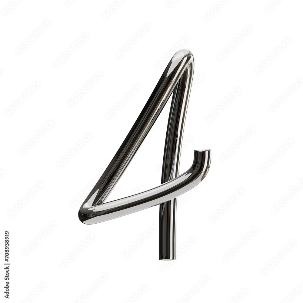 Poster 3D Number 4 Shape Chrome Text. 3d illustration, 3d element, 3d rendering. 3d visualization isolated on a transparent background