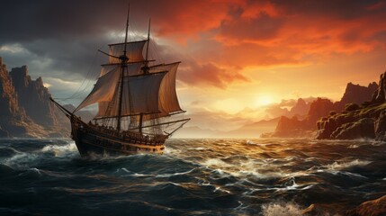 Ancient greek trireme and a single black sail in the middle of wavy ocean sailing by marc simonetti,