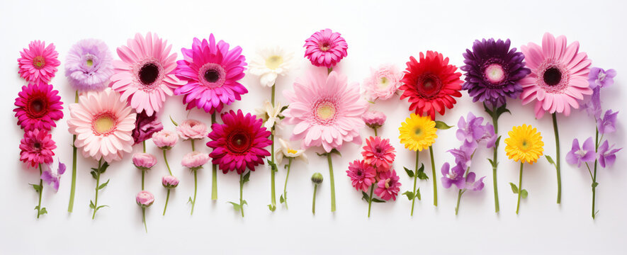 A row of flowers of different colors on white surface, in the style of dark pink, aerial view, floral

