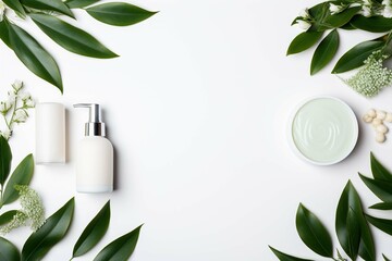 Top view herbal skincare beauty products on green background. Banner mockup for eco shop or beauty salon - obrazy, fototapety, plakaty