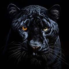 Black panther face, looking at camera with intense expression generative ai