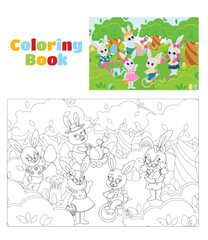Coloring page. Easter bunnies boys and girls are having fun on a green meadow. The bunnies are happy and will laugh merrily. Scene in cartoon style.