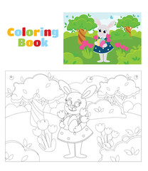 Coloring page. Easter bunny girl in a dress stands in the middle of a green meadow. The bunny is holding decorative eggs and flowers. Illustration of a scene in a cartoon style.