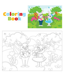 Coloring page. Easter bunnies boy and girl are on a green meadow. The bunnies are happy and will laugh merrily. Scene in cartoon style.