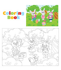 Coloring page. Greeting Easter card. Easter bunnies are on a green meadow. The bunnies are happy and will laugh merrily. Scene in cartoon style.