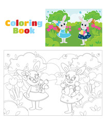 Coloring page. Easter bunnies, two girls are on a green meadow with flowers in their paws. The bunnies are happy and will laugh merrily. Scene in cartoon style.