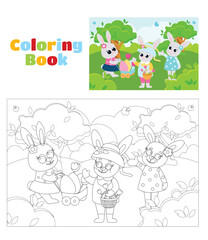 Coloring page. Easter bunnies girls in dresses have fun on a green meadow. Scene in cartoon style.