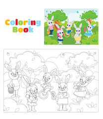 Coloring page. Easter bunnies boys and girls are having fun on a green meadow. Bunnies are dressed in dresses, pants and shirts. Scene in cartoon style.