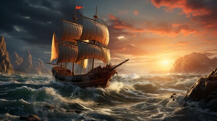 Ancient greek trireme and a single black sail in the middle of wavy ocean sailing by marc simonetti, - Powered by Adobe