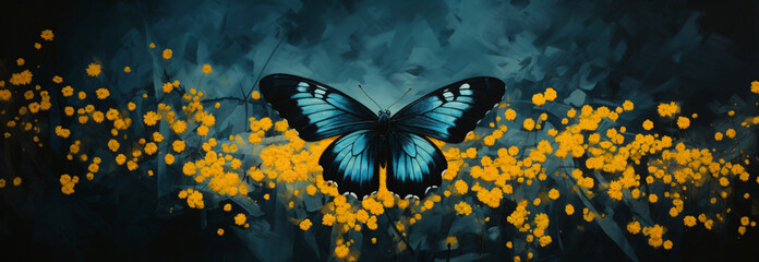 A butterfly is sitting on yellow flowers, in the style of dark sky-blue and dark navy, motion blur...