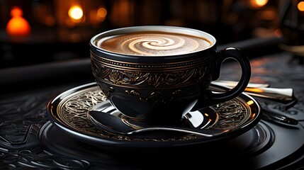 black Coffee Cup and Saucer on Crockery photography generative ai