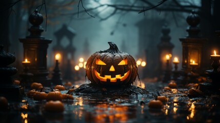 A scary carved pumpkin in a cemetary with fog. - obrazy, fototapety, plakaty