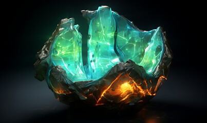 Neon glowing sulphuric 3d realistic crystals in a cracked geode. Generative Ai

