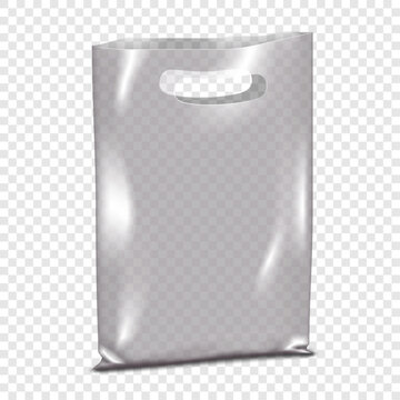 Clear plastic bag with die cut handles vector mockup. Blank white transparent package realistic mock-up