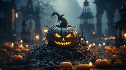 A scary carved pumpkin in a cemetary with fog.