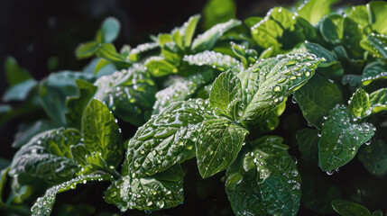  a close up of a green plant with drops of water on it and green leaves with drops of water on the leaves and green leaves with drops of water on them.
